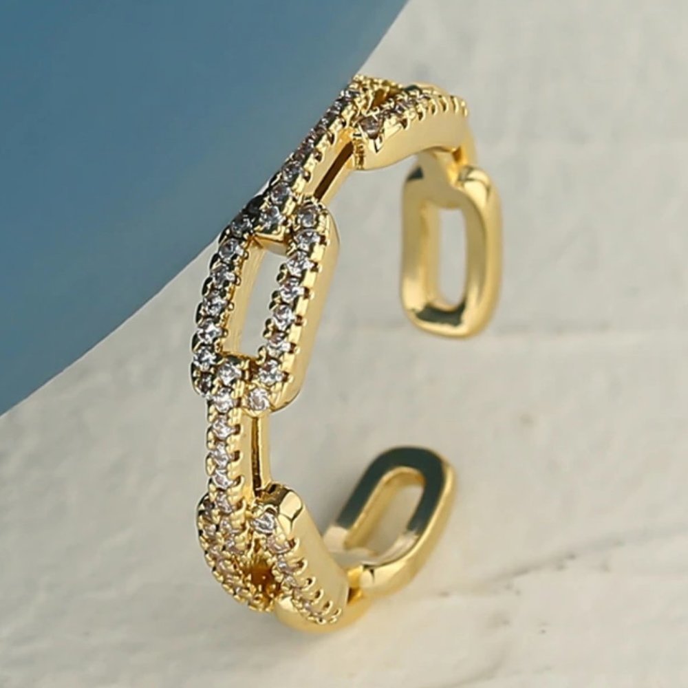 New 18K Gold Plated Diamond Link Chain Resizable Ring 9d